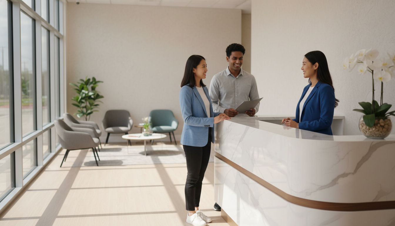 Welcoming dental clinic reception area with friendly staff greeting new patients during their first visit