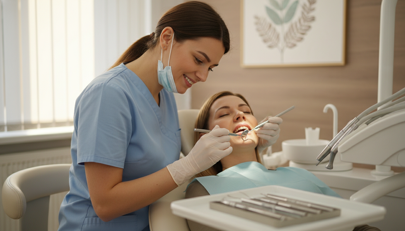 Professional dental hygienist carefully examining a patient's teeth in a modern, well-lit dental clinic treatment room