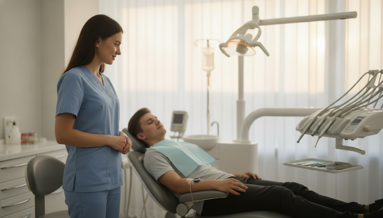 Professional dental team administering IV sedation to a relaxed patient in a modern, well-lit dental treatment room